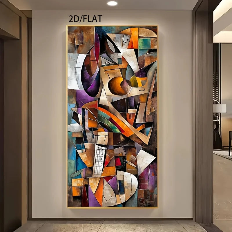 Frameless Modern Abstract Cubist Guitar Canvas Art Print Colorful Geometric Design, for Living Room & Bedroom, Unique Home Decor