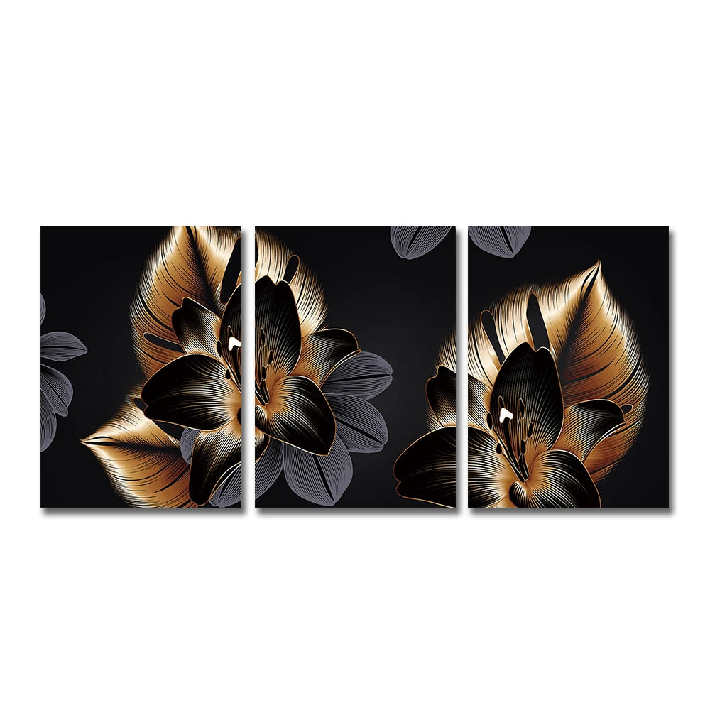 Set of 3PCs Golden Monstera Wall Art Fine Art Canvas Prints - Modern Tropical Botanical Pictures For Living Room Dining Room Art For Contemporary Interiors