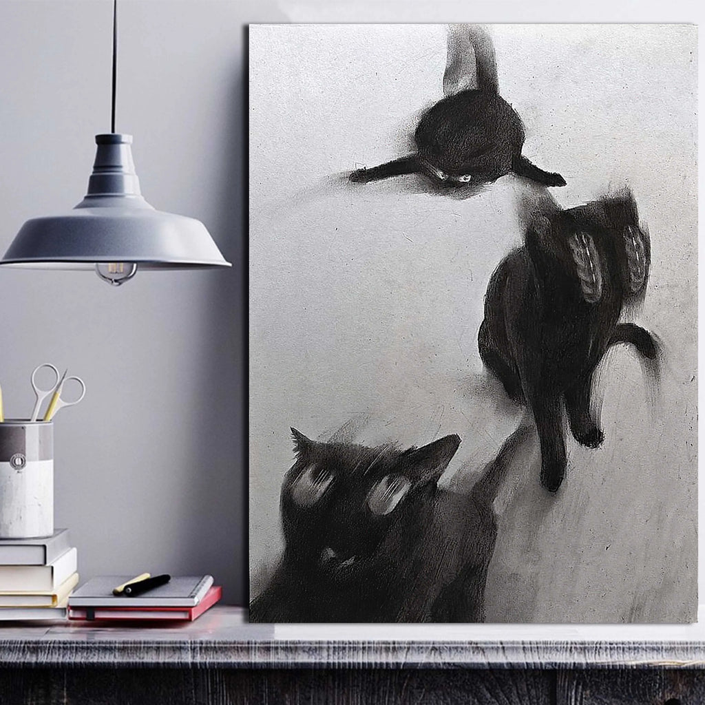 Abstract Black Cats In Motion Wall Art – Expressive Blurred Feline Trio Artwork – Modern Minimalist Print for Contemporary Living Room Decor