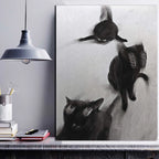 Abstract Black Cats In Motion Wall Art – Expressive Blurred Feline Trio Artwork – Modern Minimalist Print for Contemporary Living Room Decor