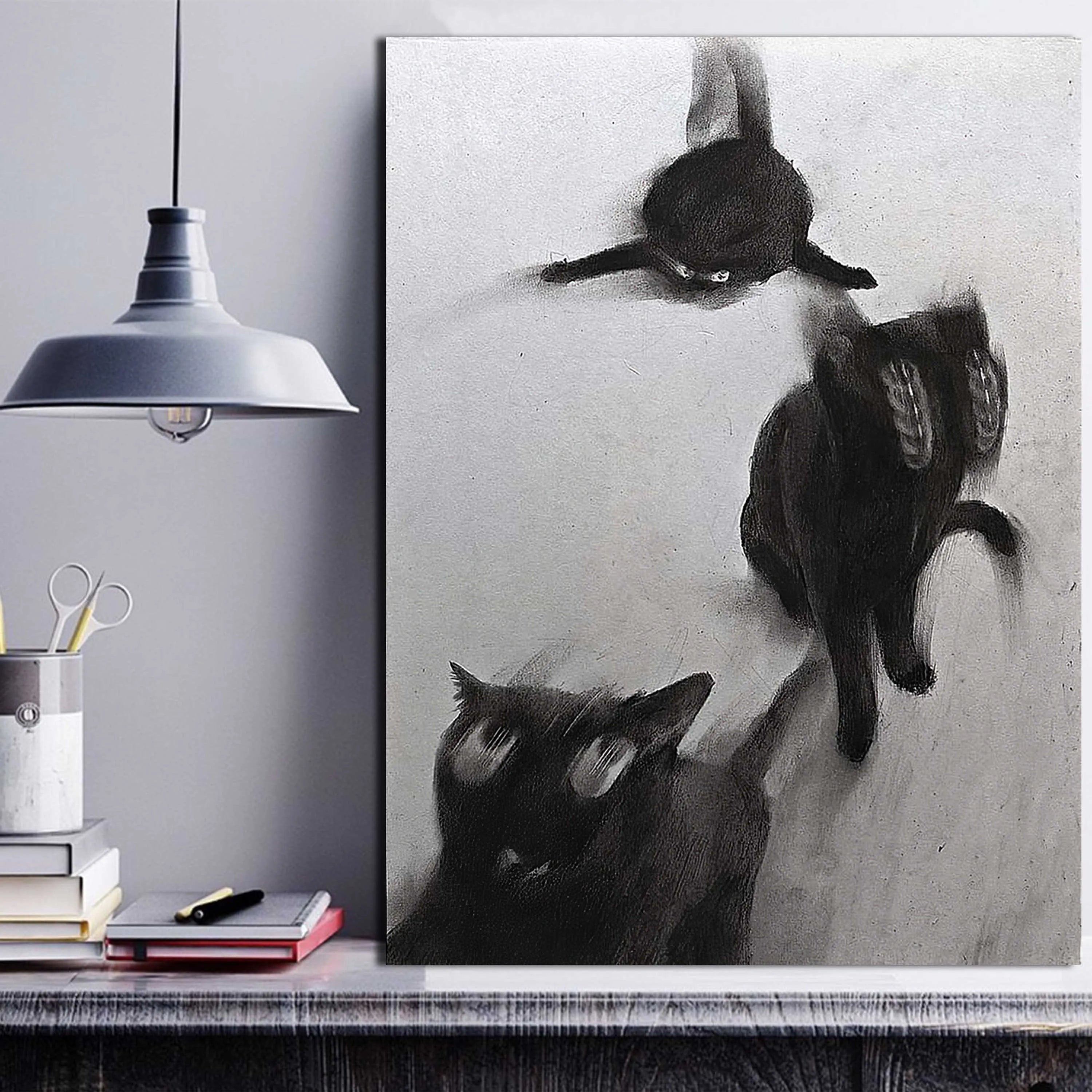 Abstract Black Cats In Motion Wall Art – Expressive Blurred Feline Trio Artwork – Modern Minimalist Print for Contemporary Living Room Decor