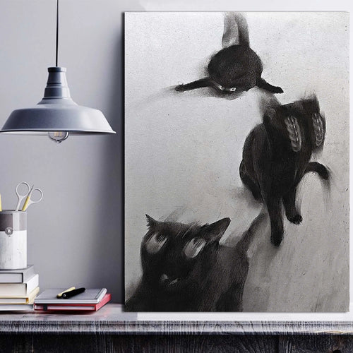Abstract Black Cats In Motion Wall Art – Expressive Blurred Feline Trio Artwork – Modern Minimalist Print for Contemporary Living Room Decor
