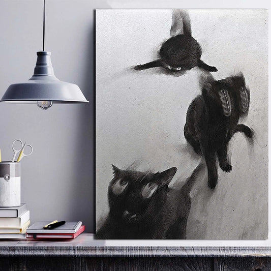 Abstract Black Cats In Motion Wall Art – Expressive Blurred Feline Trio Artwork – Modern Minimalist Print for Contemporary Living Room Decor