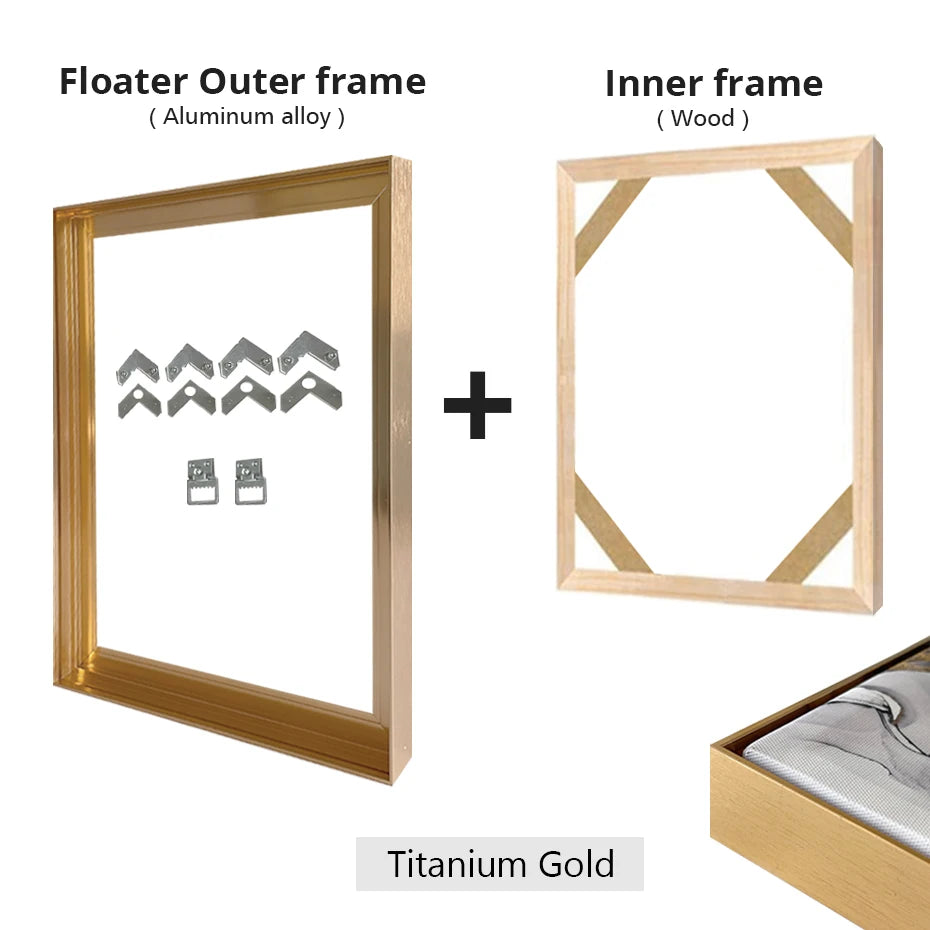 Slim Metal Bezel Floating Canvas Picture Frame Brushed Gold Silver Sizes 60x90, 50x70, 40x50cm etc DIY Framing Kit Includes Outer Metal Frame + Inner Wood Frame