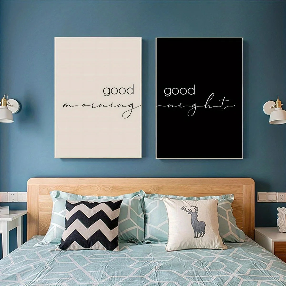 Good Morning & Good Night Typography Canvas Print Set – Minimalist Black & White Wall Art for Kitchen, Coffee Bar & Bedroom Décor