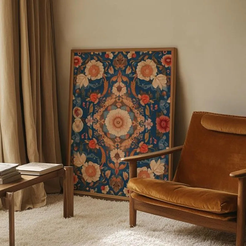 Large Unframed Lotus Flower and Mandala Pattern Canvas Print Wall Art for Modern Boho Living Room and Contemporary Home Décor Styling
