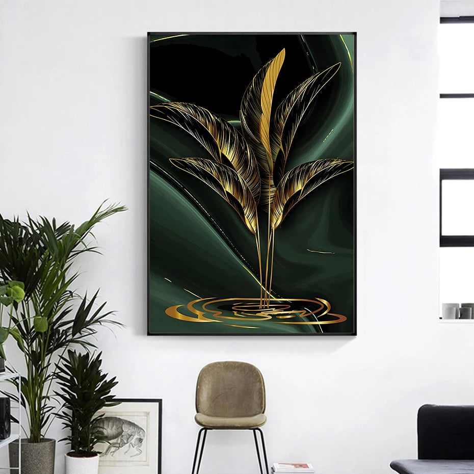 Tropical Green Golden Leaf Wall Art Fine Art Canvas Prints - Modern Botanical Art For Living Room Dining Room Art For Home Office Interiors