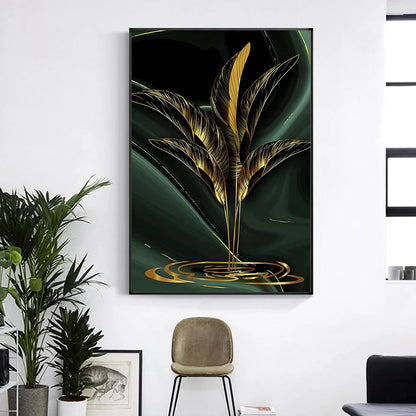 Tropical Green Golden Leaf Wall Art Fine Art Canvas Prints - Modern Botanical Art For Living Room Dining Room Art For Home Office Interiors