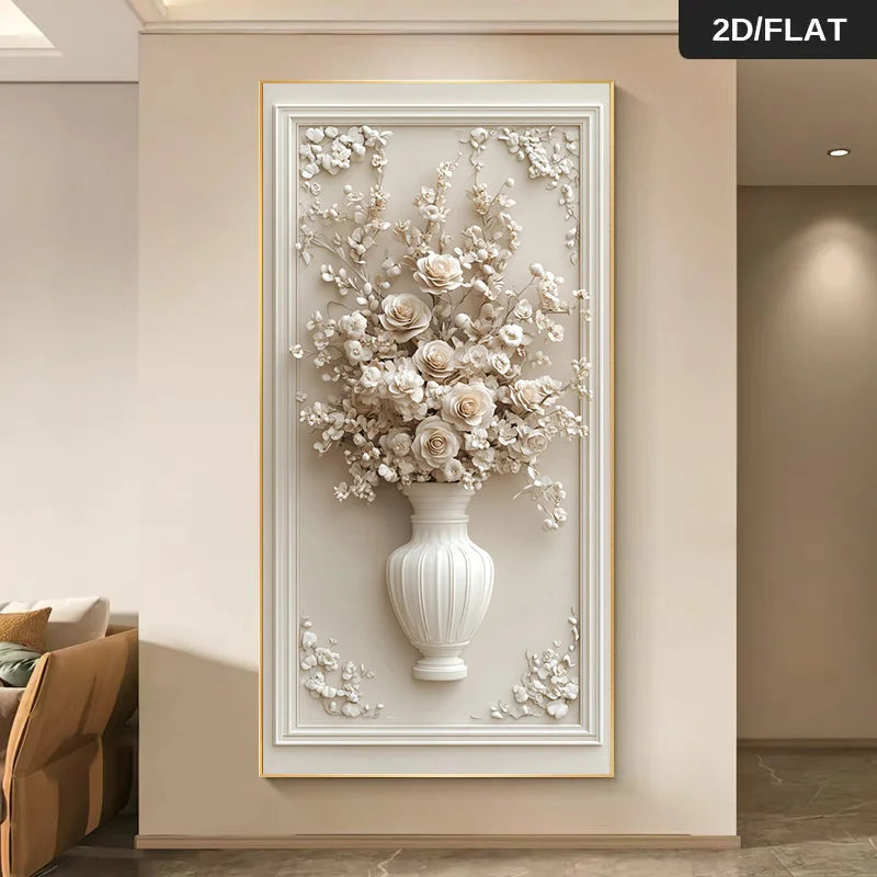 Abstract Floral Vase Wall Art Unframed Canvas Print – Cream 3D‑Style Botanical Relief Design for Modern Elegant Foyer Decor