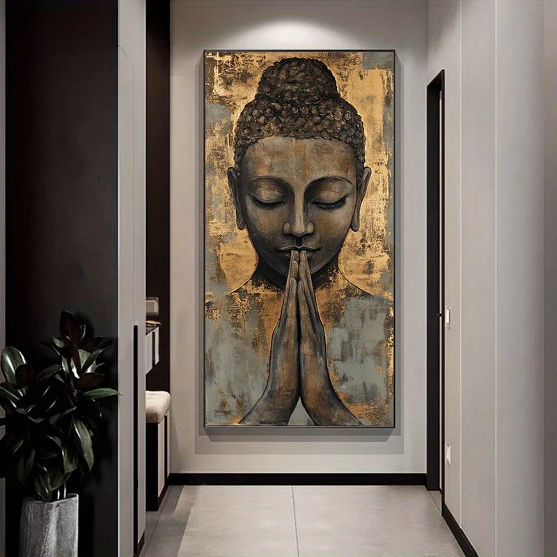 Rustic Golden Buddha Prayer Wall Art Canvas Print – Spiritual Meditation Artwork for Salon, Spa, Yoga Studio & Wellness Interior Décor (Unframed)