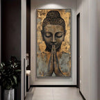 Rustic Golden Buddha Prayer Wall Art Canvas Print – Spiritual Meditation Artwork for Salon, Spa, Yoga Studio & Wellness Interior Décor (Unframed)