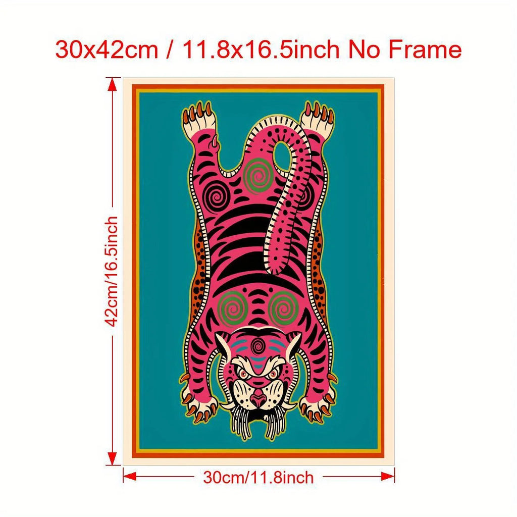 Pink Tibetan Tiger Rug‑Inspired Wall Art – Bold Symmetrical Tiger Design with Teal Background – Cultural Abstract Artwork for Modern Interiors