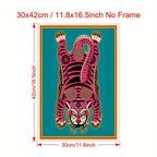 Pink Tibetan Tiger Rug‑Inspired Wall Art – Bold Symmetrical Tiger Design with Teal Background – Cultural Abstract Artwork for Modern Interiors