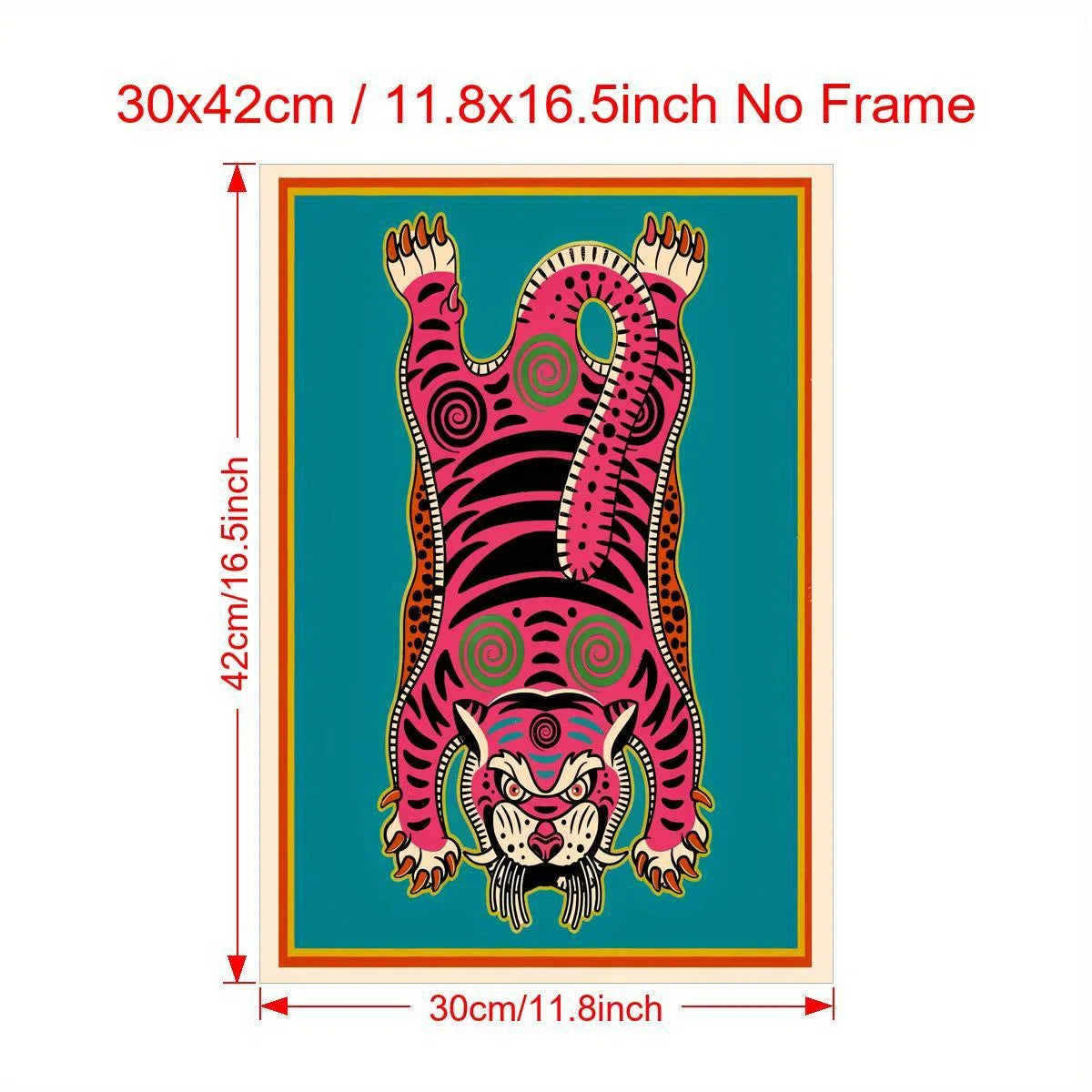 Pink Tibetan Tiger Rug‑Inspired Wall Art – Bold Symmetrical Tiger Design with Teal Background – Cultural Abstract Artwork for Modern Interiors
