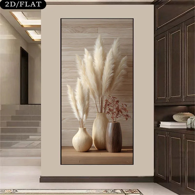 Pampas Grass Vase Unframed Canvas Print Wall Art – Minimalist Neutral Boho Decor with Beige & Brown Ceramic Vases for Modern Hallway