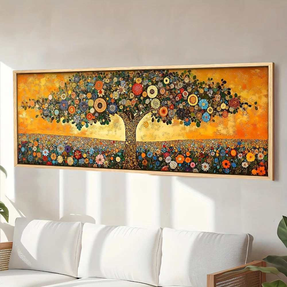 Colorful Patterned Tree Wall Art – Vibrant Vintage Floral Decorative Unframed Canvas Print for Modern Bedroom & Contemporary Decor
