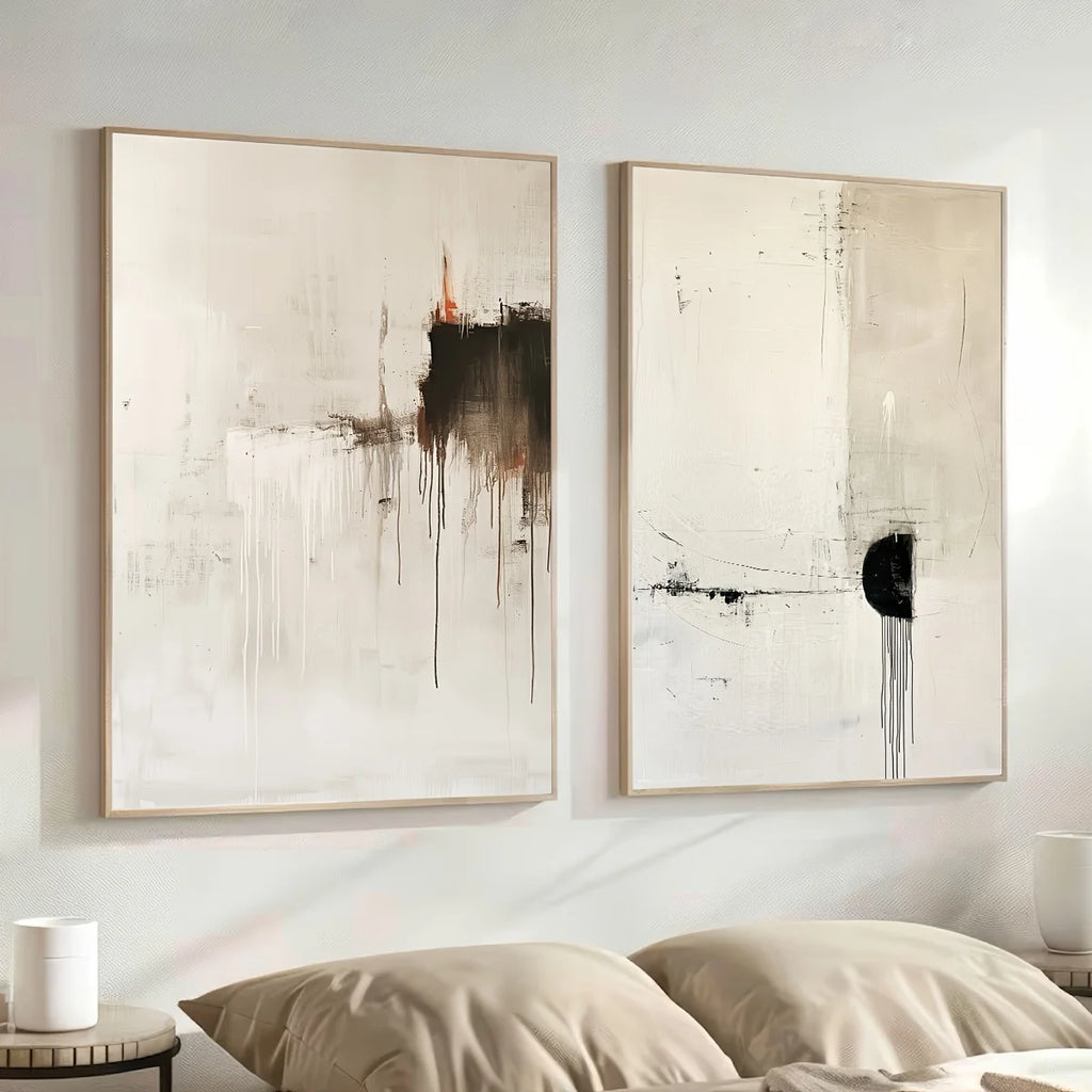 Large 2‑Panel Minimalist Abstract Drip Canvas Print Wall Art – Neutral Beige & Black Unframed Contemporary Painting for Stylish Living Room Decor