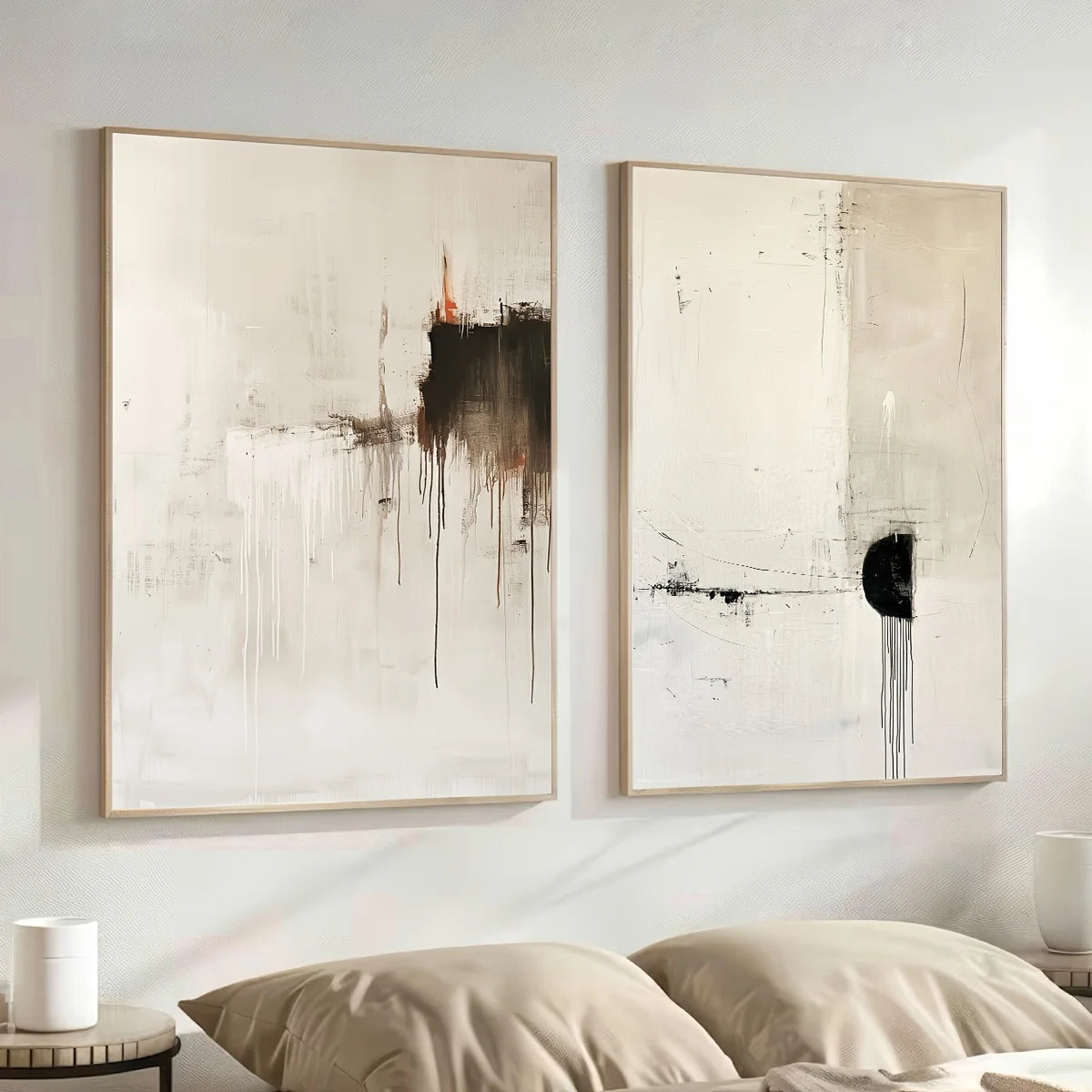 Large 2‑Panel Minimalist Abstract Drip Canvas Print Wall Art – Neutral Beige & Black Unframed Contemporary Painting for Stylish Living Room Decor