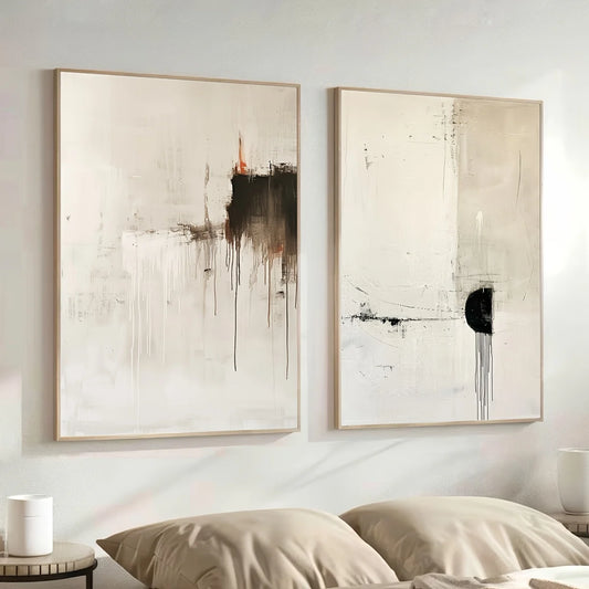Large 2‑Panel Minimalist Abstract Drip Canvas Print Wall Art – Neutral Beige & Black Unframed Contemporary Painting for Stylish Living Room Decor