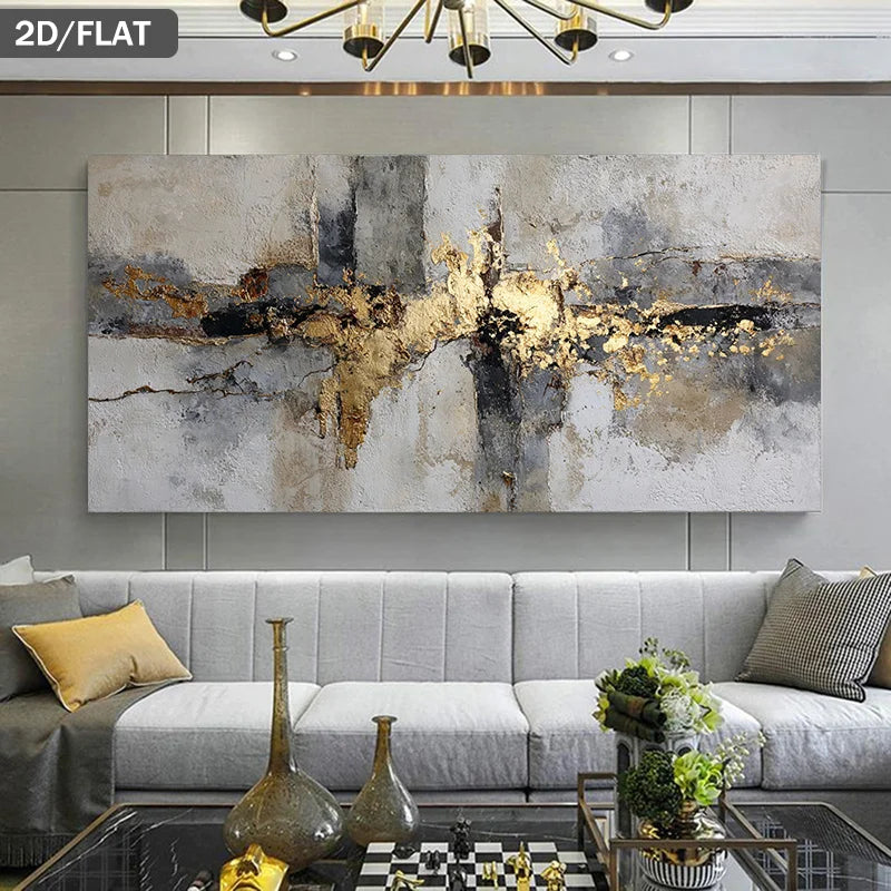 Modern Urban Abstract Canvas Wall Art – Grey, White & Black Horizontal Design with Golden Hued Accents – Luxury Living Room Decor
