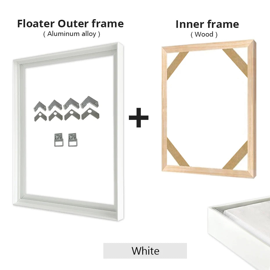 Slim Metal Bezel Floating Canvas Picture Frame Brushed Gold Silver Sizes 60x90, 50x70, 40x50cm etc DIY Framing Kit Includes Outer Metal Frame + Inner Wood Frame