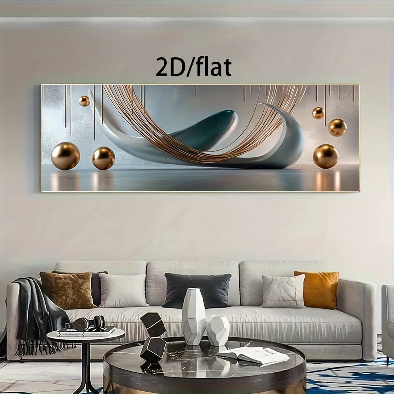 Modern Teal & Bronze Abstract Wall Art – Metallic Sphere & Curved Line Design – Wide Format Modern Aesthetics Artwork for Above the Sofa