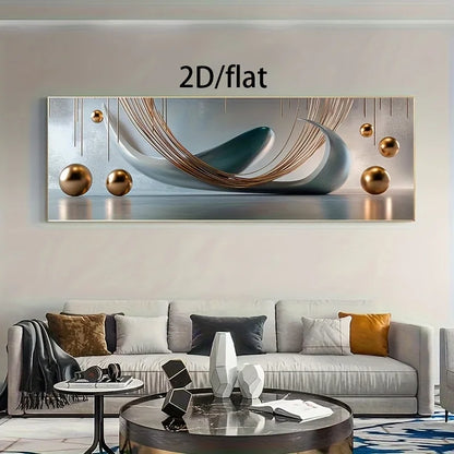 Modern Teal & Bronze Abstract Wall Art – Metallic Sphere & Curved Line Design – Wide Format Modern Aesthetics Artwork for Above the Sofa