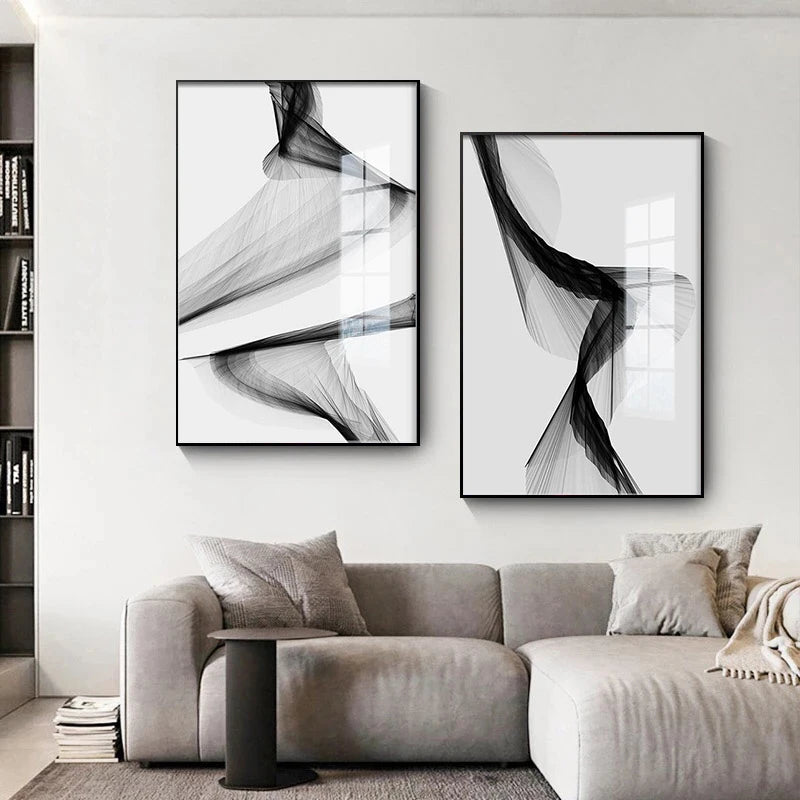 Black White Flowing Lines Abstract Minimalist Wall Art Fine Art Canvas Prints - Pictures For Modern Apartment Living Room Dining Room Art For Contemporary Interiors