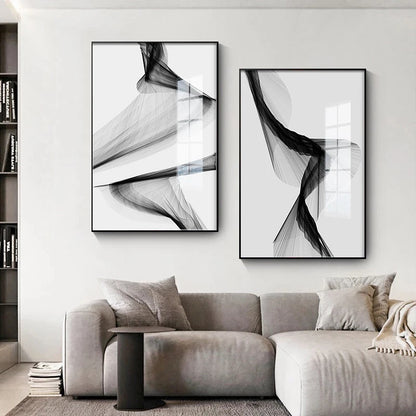 Black White Flowing Lines Abstract Minimalist Wall Art Fine Art Canvas Prints - Pictures For Modern Apartment Living Room Dining Room Art For Contemporary Interiors
