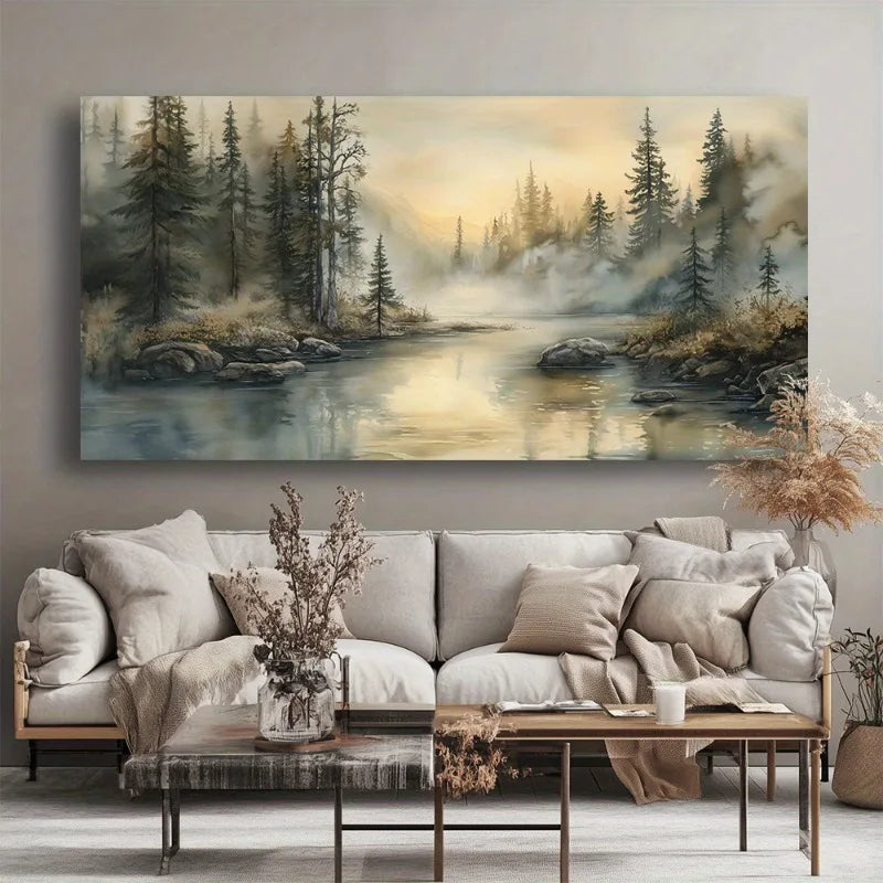 Canvas Wall Art Misty Forest Lake Modern Abstract Painting Frameless Picture Living Room Bedroom Office Home Decora High Quality