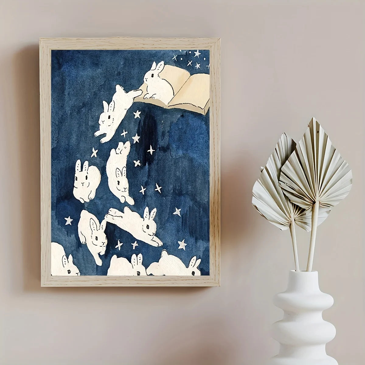 White Rabbit Starry Night Sky Wall Art – Dreamy Illustration with Stars & Open Book – Enchanting Unframed Canvas Print for Nursery, Kids’ Room Decor