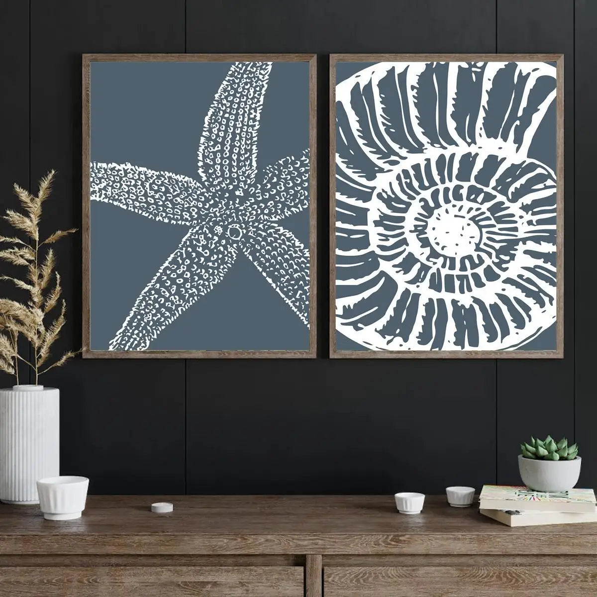 Coastal Starfish & Seashell Unframed Canvas Print Wall Art – Modern Beach‑Inspired Blue‑Gray Nautical Decor for Coastal Home Styling
