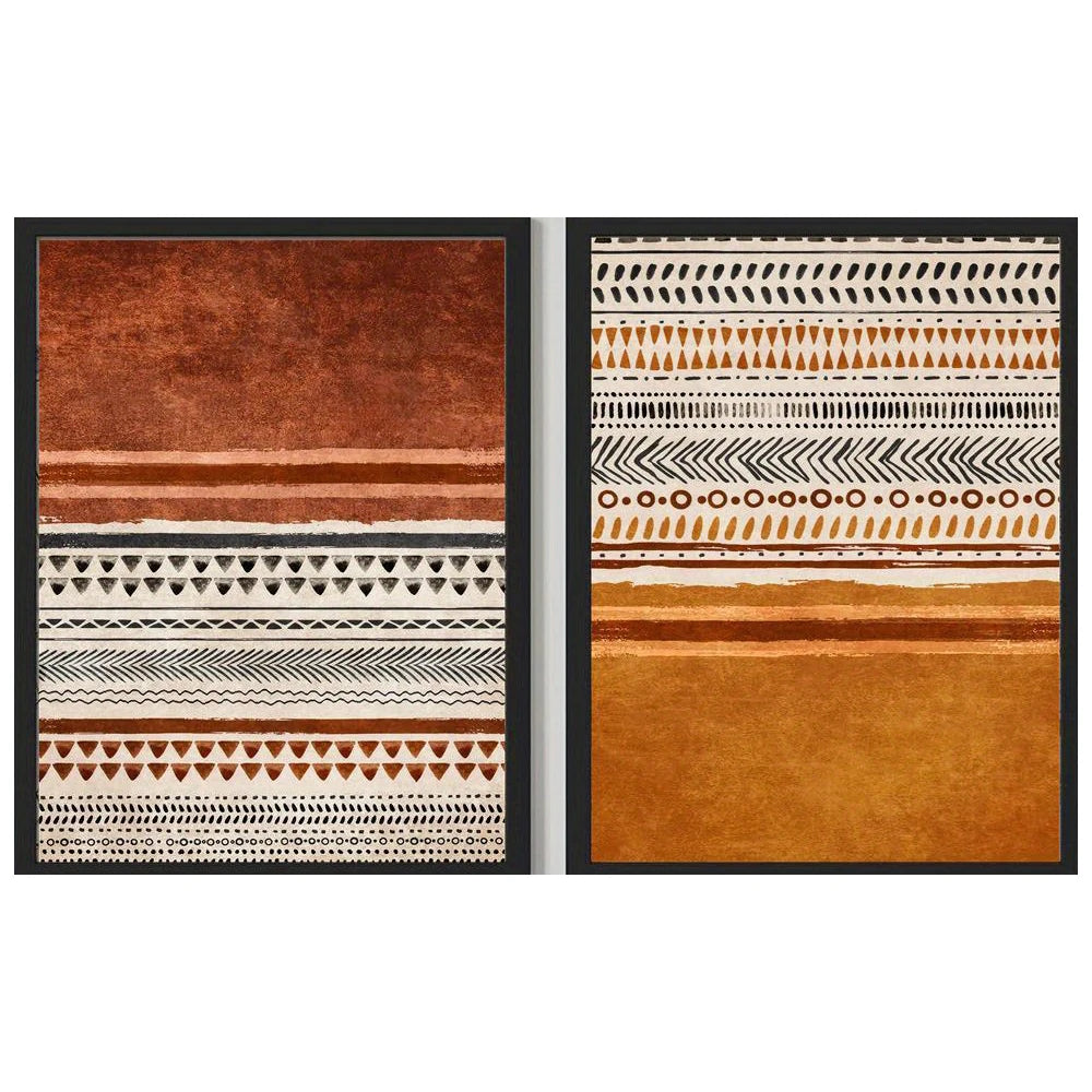Earth‑Tone Geometric Wall Art Unframed Canvas Print – Modern Tribal‑Inspired Abstract Patterns & Minimalist Striped Design - 2Pcs Set
