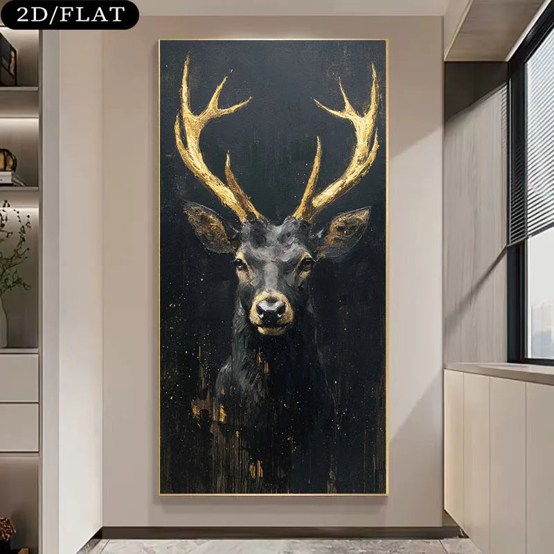 Golden Antler Deer Unframed Canvas Print Wall Art – Black Background Luxury Nordic Artwork for Modern Living Room & Foyer Art Decor