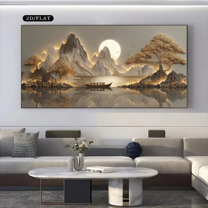Golden Mountain Lake Wall Art Canvas Print – Serene Sunlit Landscape Artwork for Modern Dining Room, Zen Interior & Contemporary Home Decor
