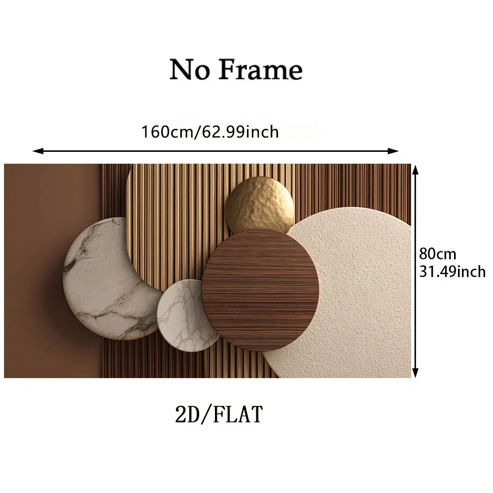 Modern Abstract Geometric Circles Artwork – Neutral Marble, Wood & Gold Textured Unframed Canvas Print for Contemporary Living Room Decor