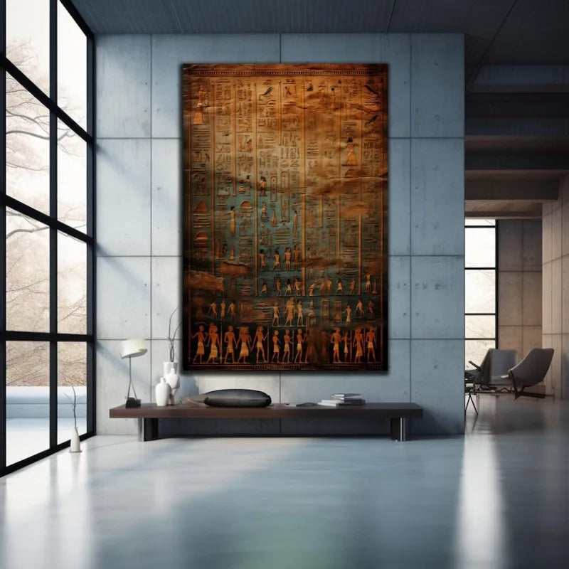Large Ancient Egyptian Hieroglyphs Unframed Canvas Print Wall Art – Brown & Turquoise Historical Symbolic Artwork for Modern Bedroom