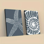Coastal Starfish & Seashell Unframed Canvas Print Wall Art – Modern Beach‑Inspired Blue‑Gray Nautical Decor for Coastal Home Styling