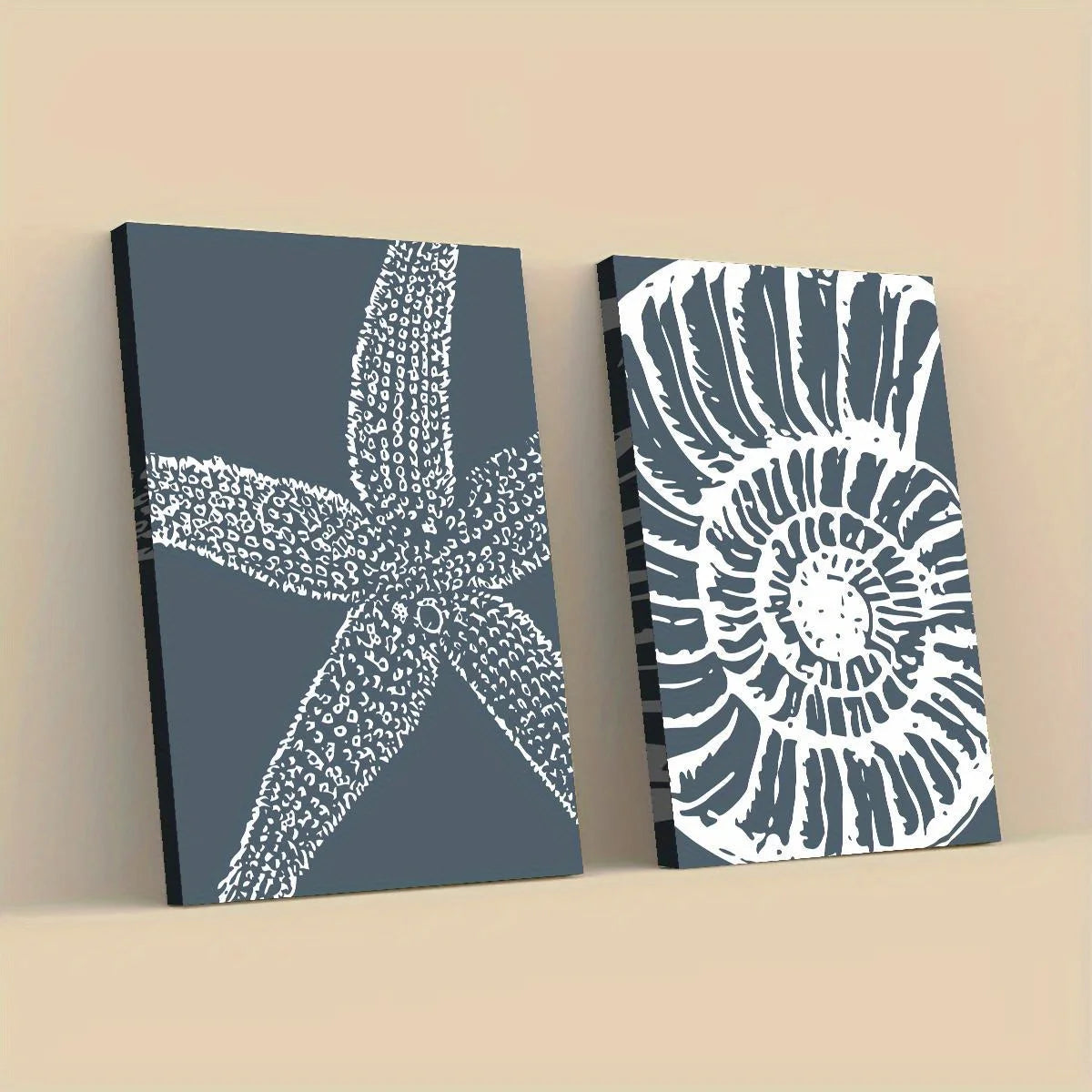 Coastal Starfish & Seashell Unframed Canvas Print Wall Art – Modern Beach‑Inspired Blue‑Gray Nautical Decor for Coastal Home Styling