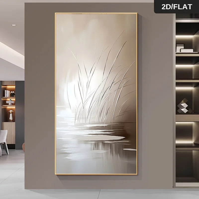 Beige Reed & Water Reflection Unframed Canvas Print Wall Art – Minimalist Neutral Abstract Painting for Modern Living Room & Foyer Decor