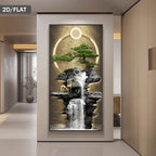Luxury Golden Deer Waterfall Unframed Canvas Print Wall Art – Modern Zen Landscape Foyer Art with Bonsai Tree, Moon Ring & Birds