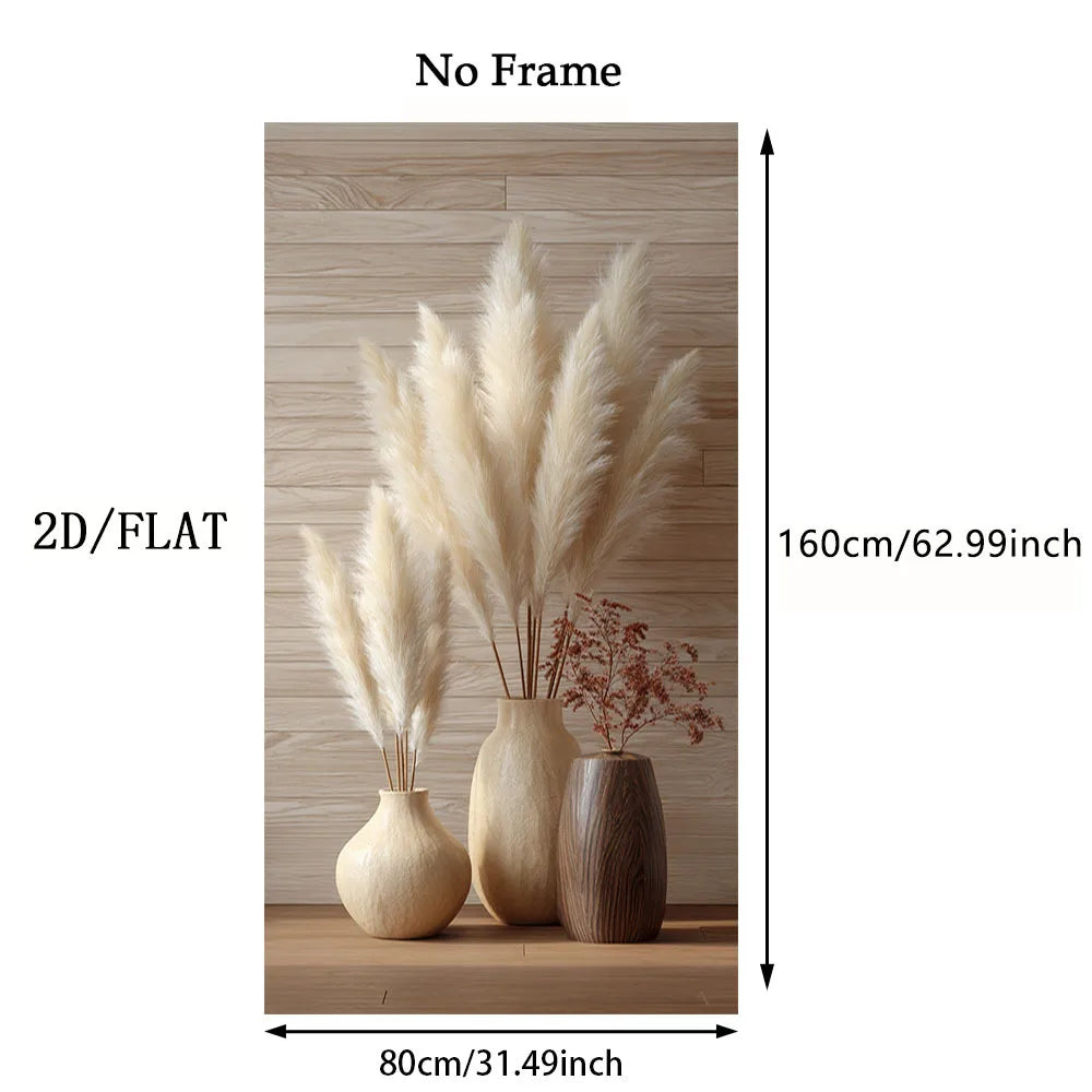 Pampas Grass Vase Unframed Canvas Print Wall Art – Minimalist Neutral Boho Decor with Beige & Brown Ceramic Vases for Modern Hallway