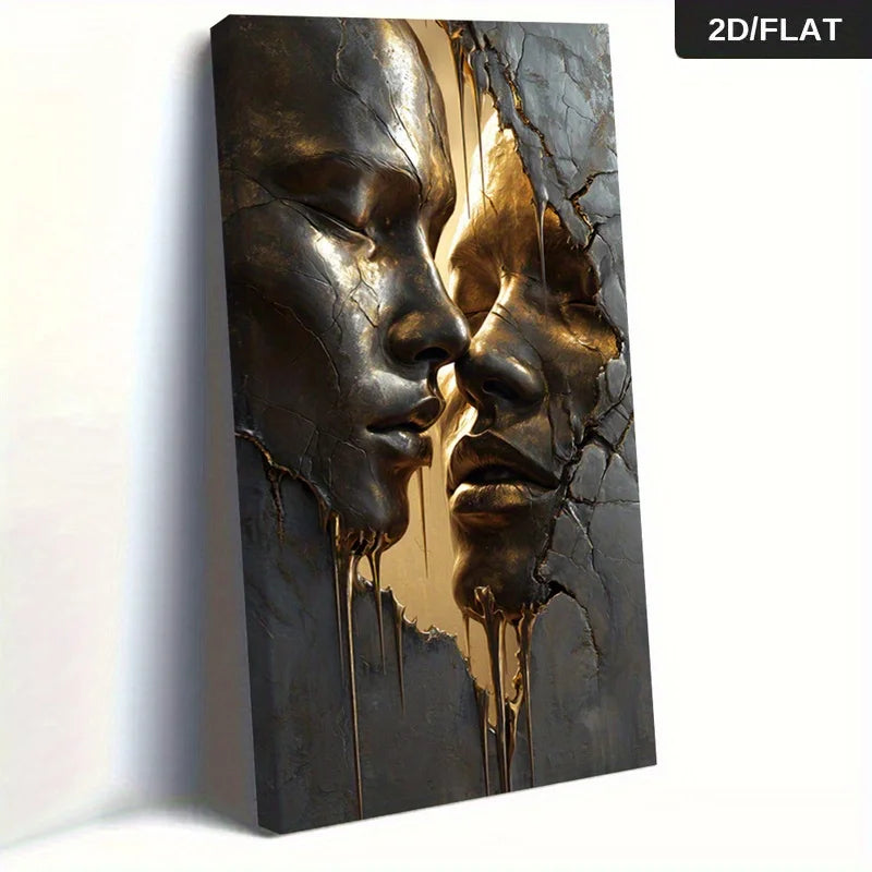 Black & Liquid Golden Faces Wall Art – Modern Textured Abstract Lovers Design Artwork for Luxury Hallway, Foyer & Statement Home Decor
