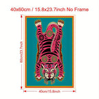 Pink Tibetan Tiger Rug‑Inspired Wall Art – Bold Symmetrical Tiger Design with Teal Background – Cultural Abstract Artwork for Modern Interiors
