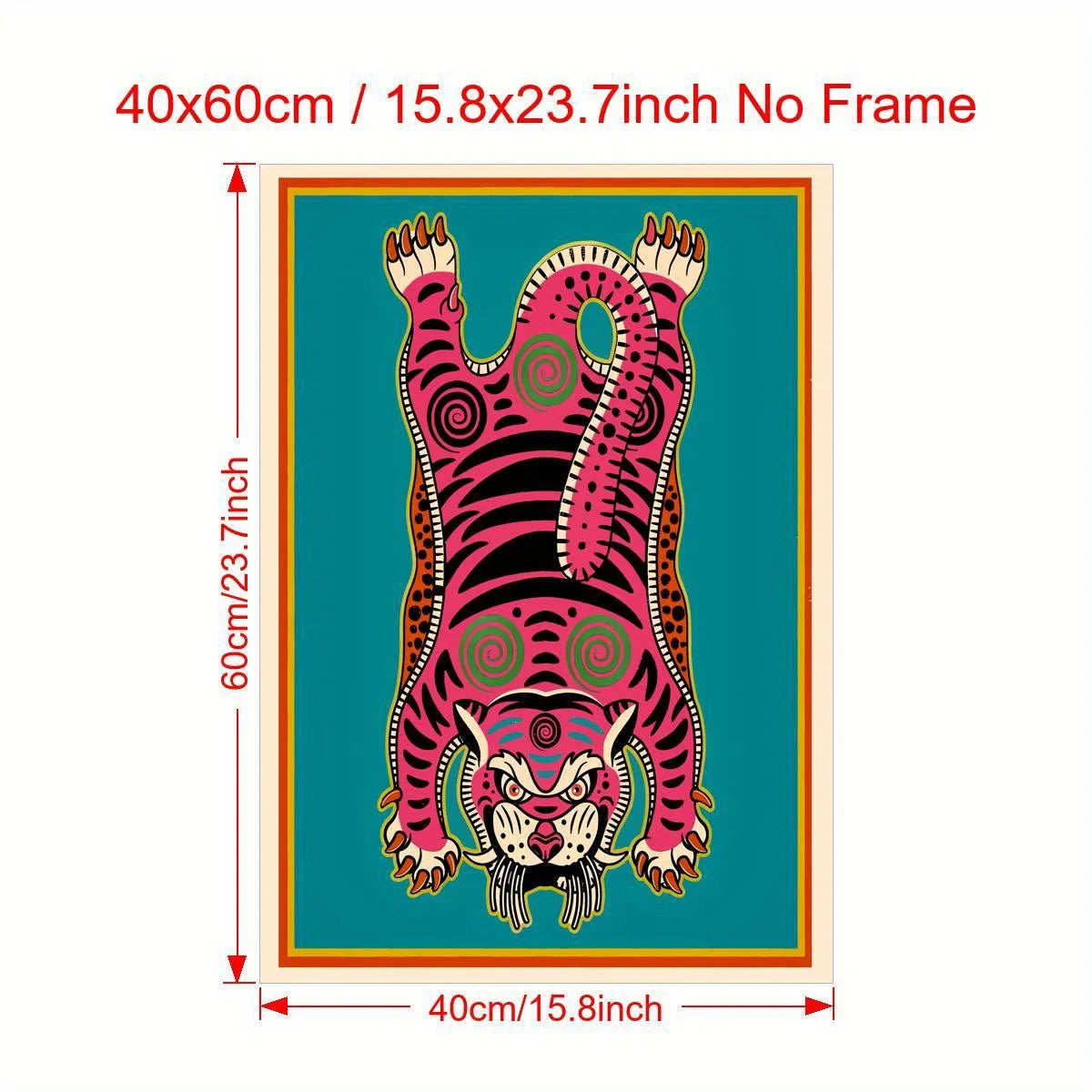 Pink Tibetan Tiger Rug‑Inspired Wall Art – Bold Symmetrical Tiger Design with Teal Background – Cultural Abstract Artwork for Modern Interiors