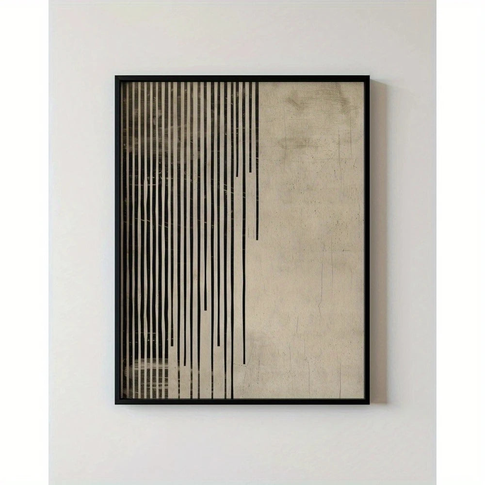 Modern Minimalist Zen Line Art Canvas Print – Black Vertical Brushstroke Design on Neutral Beige Background - Art for Modern Living