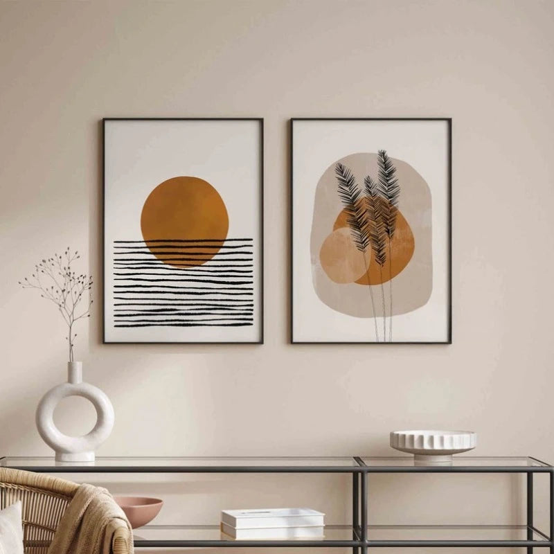 Modern Abstract Boho Canvas Print Wall Art – Minimalist Orange Sun, Organic Shapes & Botanical Silhouette Design for Scandinavian Home Decor
