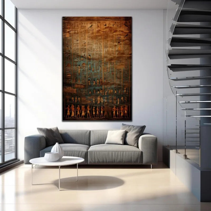 Large Ancient Egyptian Hieroglyphs Unframed Canvas Print Wall Art – Brown & Turquoise Historical Symbolic Artwork for Modern Bedroom