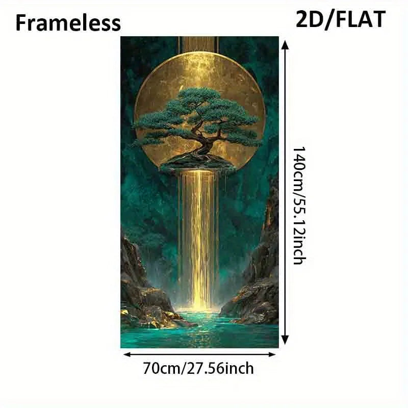 Golden Waterfall Auspicious Wall Art Unframed Canvas Print – Surreal Golden Sun & Turquoise Nature Scene for Modern Living Room Foyer Decor