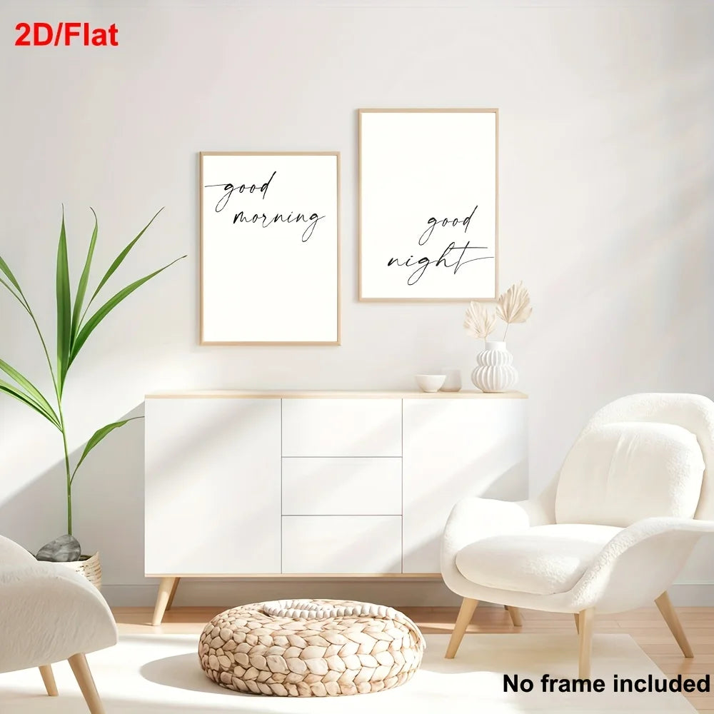 Black White “Good Morning” & “Good Night” Text Canvas Print Wall Art – Minimalist Neutral Typography Decor for Scandinavian Home Styling